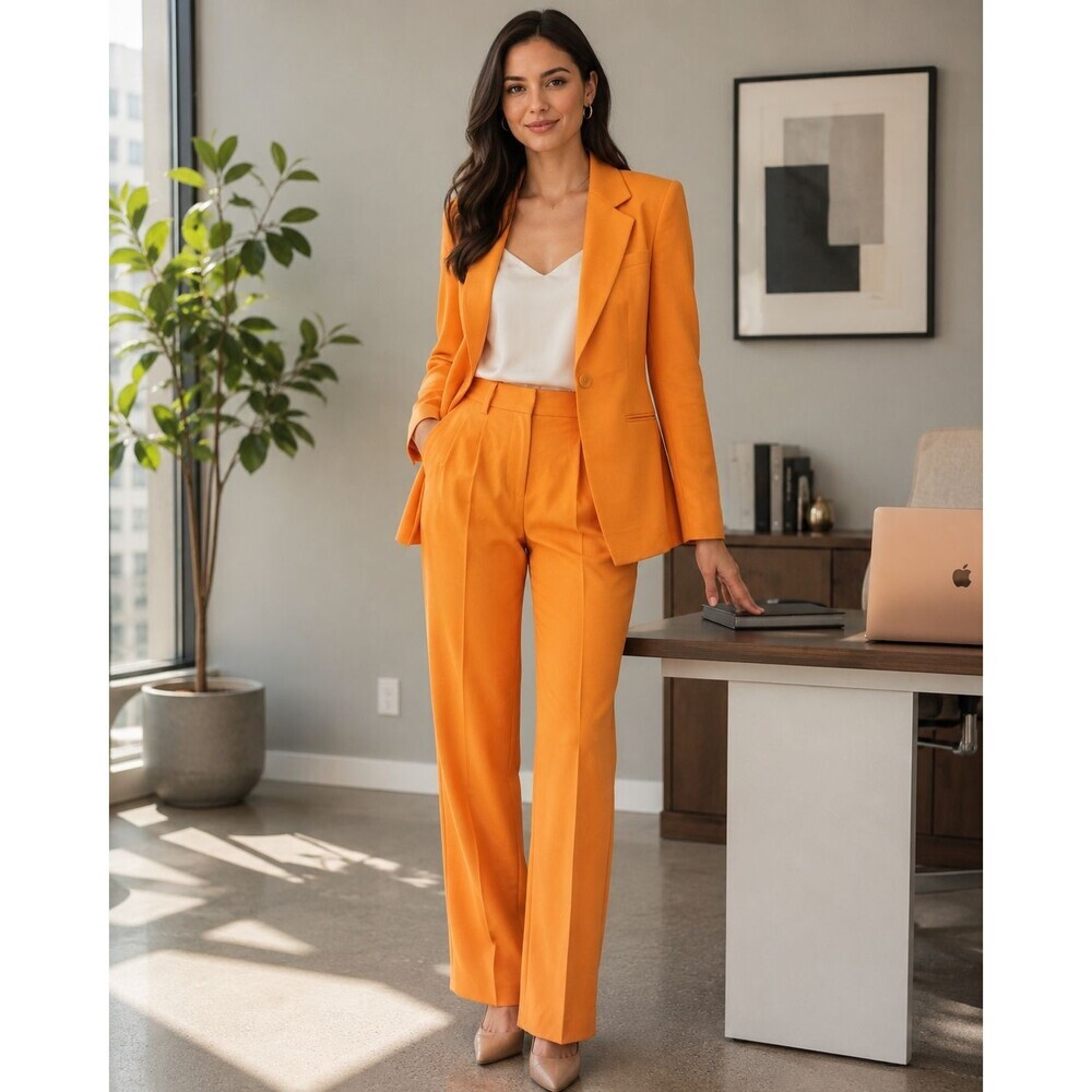 H&M Vibrant Orange Solid Pant Suit Set Jacket & Pants Women’s Size 2 Small